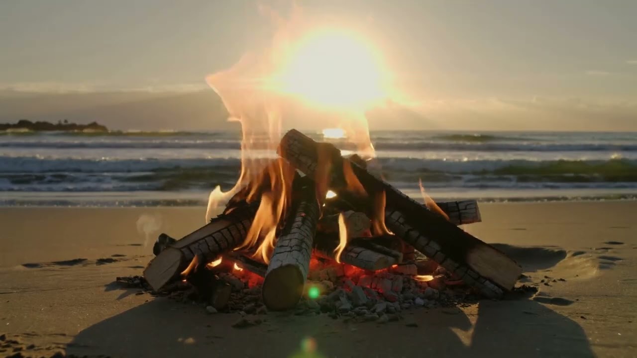 6 HOUR BONFIRE ON THE BEACH | Romantic Smooth Bossa Nova & Ocean Waves | 4K Ambient Video
