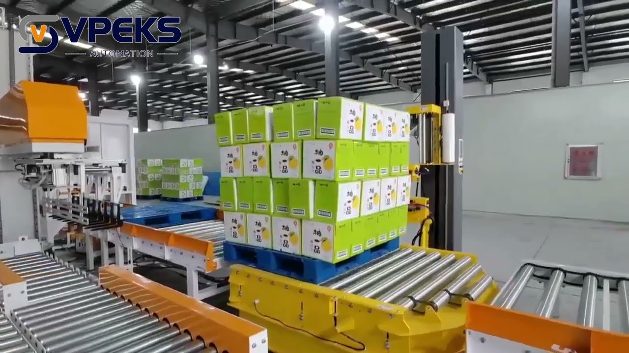Carton Palletizing Machine 500CPH VPEKS Box Palletizer with Pallet Wrapping Machine