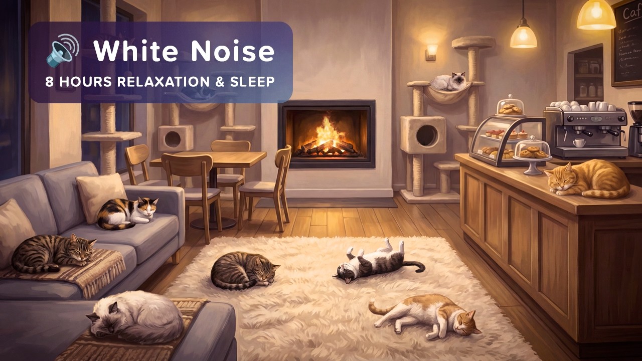 🔊 8 Hours Deep Sleep - Cozy Cat Café | Multiple Cats Purring & Crackling Fireplace