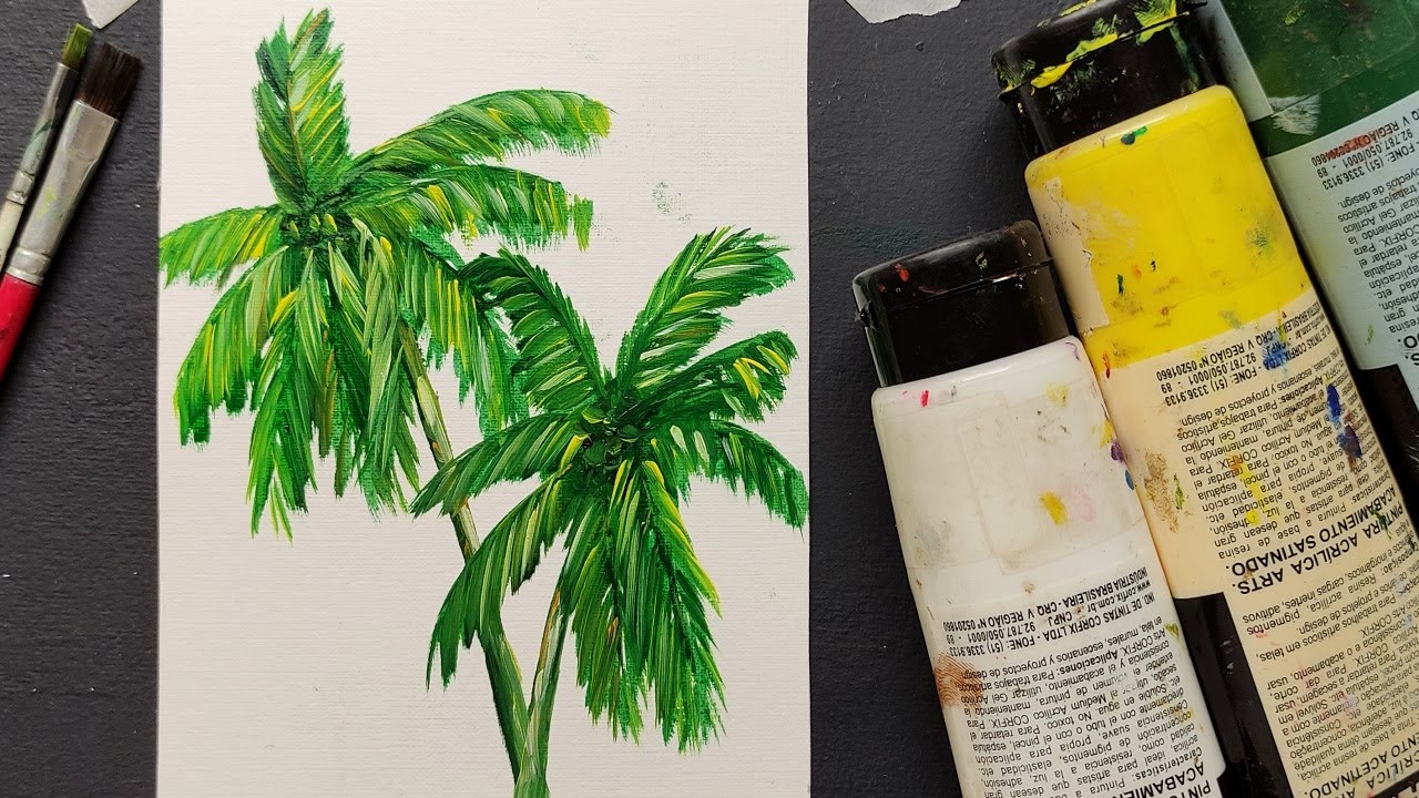Como pintar coqueiros em tela fácil - Pintura passo a passo para iniciantes