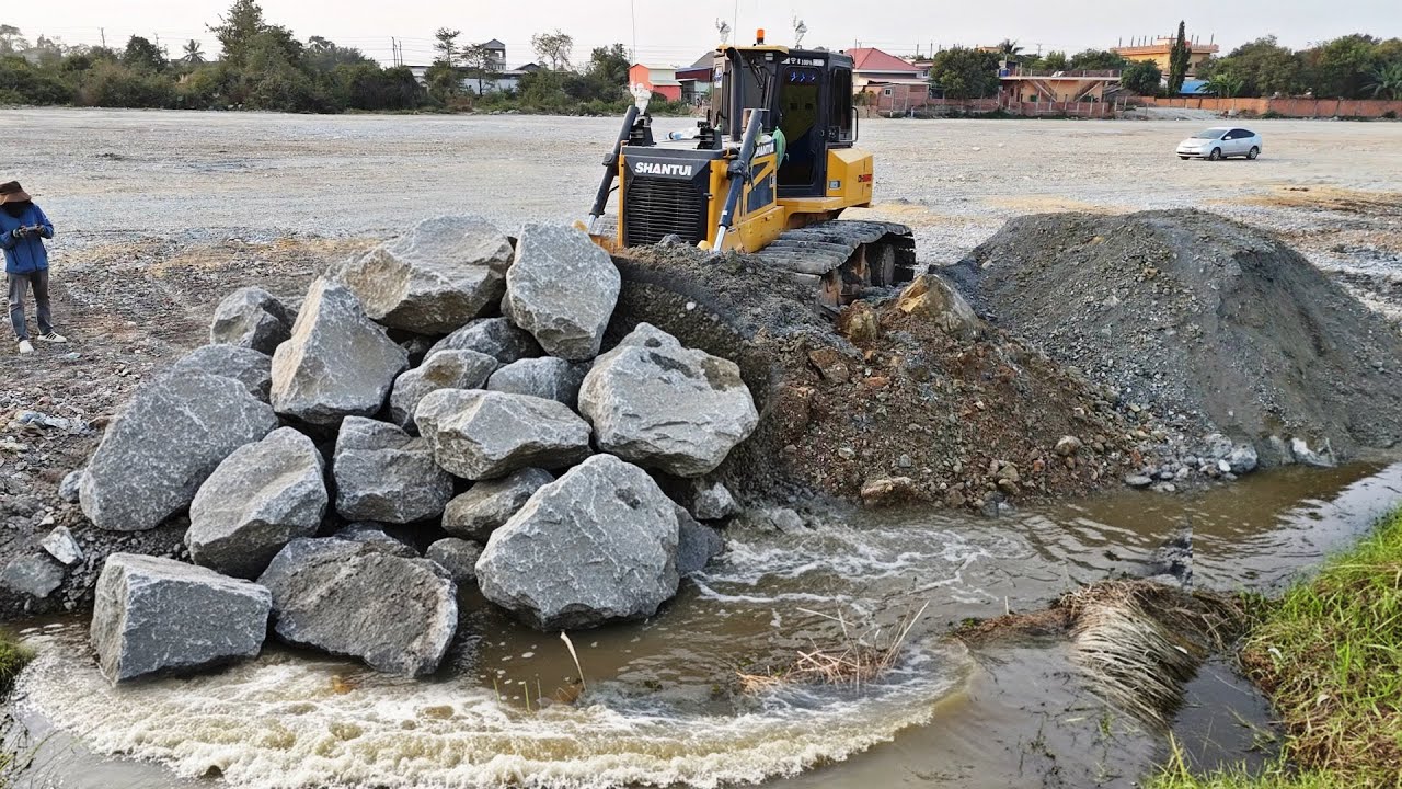 Lake Become To Land Soon! Bulldozer Smoothly Push Stone Fill in Water & Dumper Dumping Stone