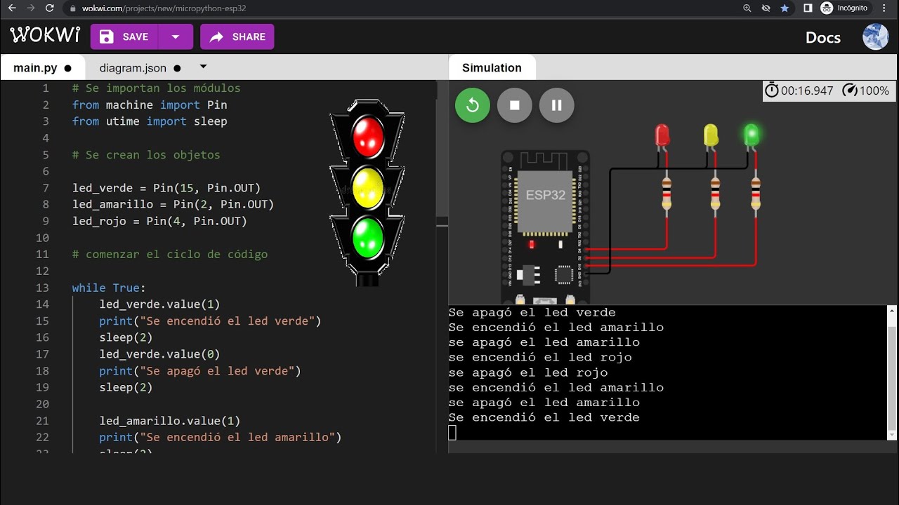 Montaje 02: Encendido de tres leds semaforo con ESP32 y Python