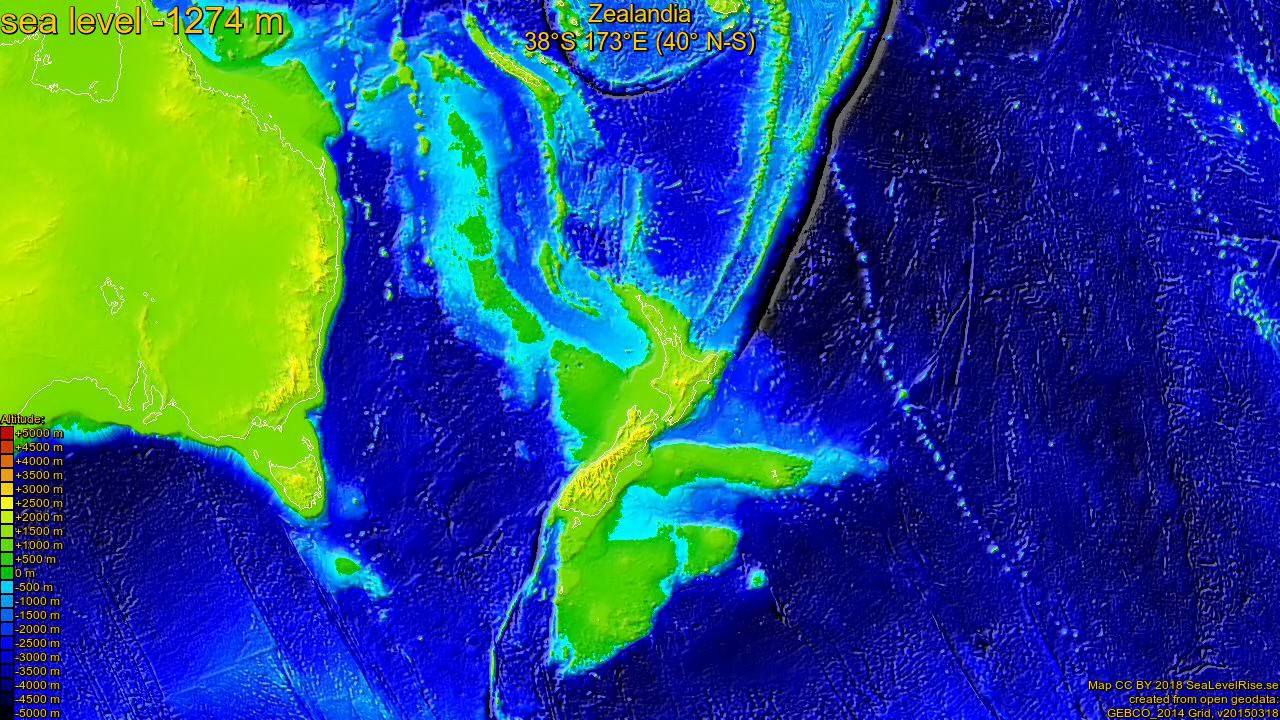 Zealandia, sea level change 0 - -4000 m