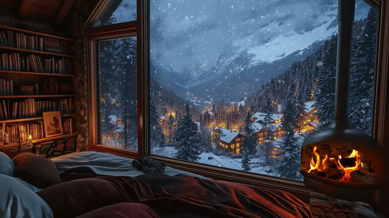 🔥 Crackling Fire in Blizzard Cabin | 3 Hours Winter Wind & Snowfall | Stress Relief Study Work Relax