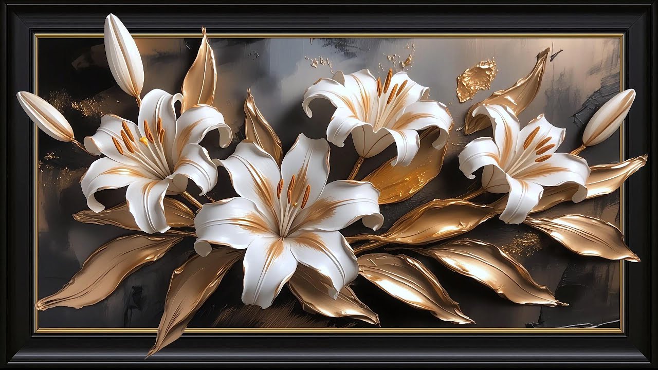 Golden White Lilies on Black – 4K Framed Art | Lirios Dorados y Blancos sobre Negro | No Music
