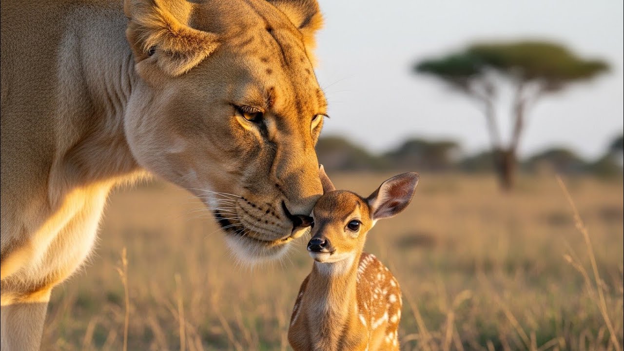 A Lioness Adopts Orphaned Baby Deer