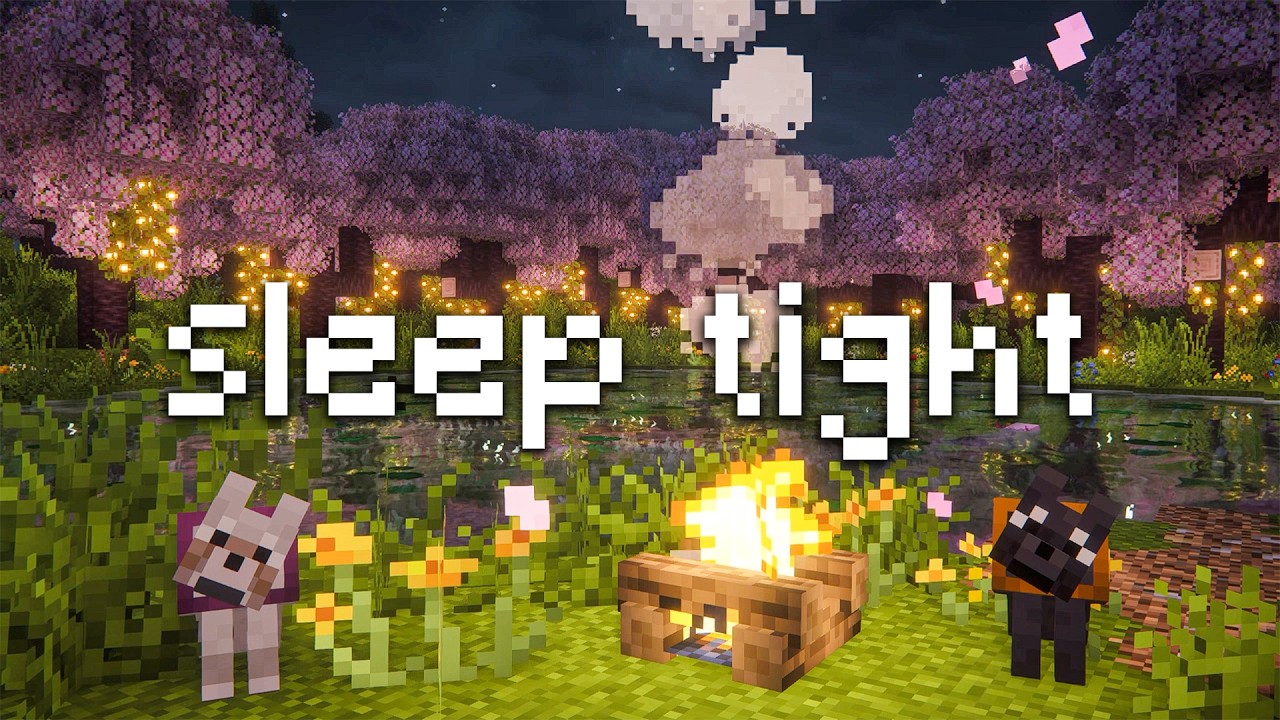 sleeping safely by the sakura pond with your dogs... (minecraft music & cozy ambiance)