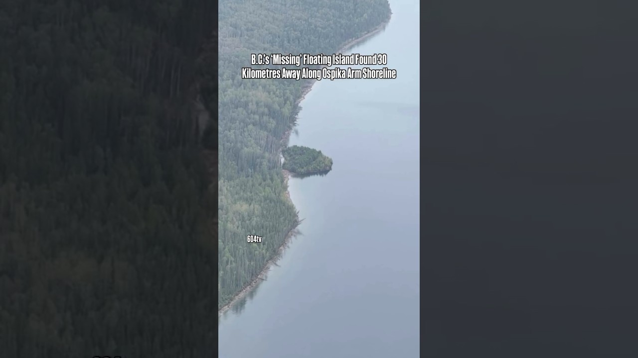 BC Hydro says the floating island drifted 30 km in 15 days before being found along Ospika Arm.