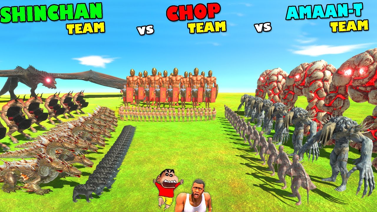 SHINCHAN UPGRADED TEAM vs CHOP TEAM vs AMAAN TEAM in Animal Revolt Battle Simulator | Dinosaur Game