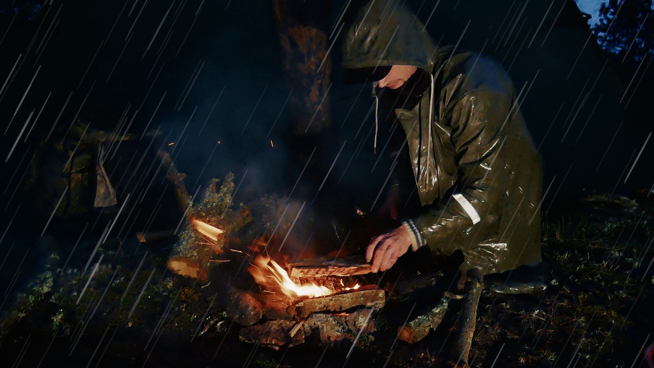 Camping in Heavy Rain: Building a Shelter in the Forest
