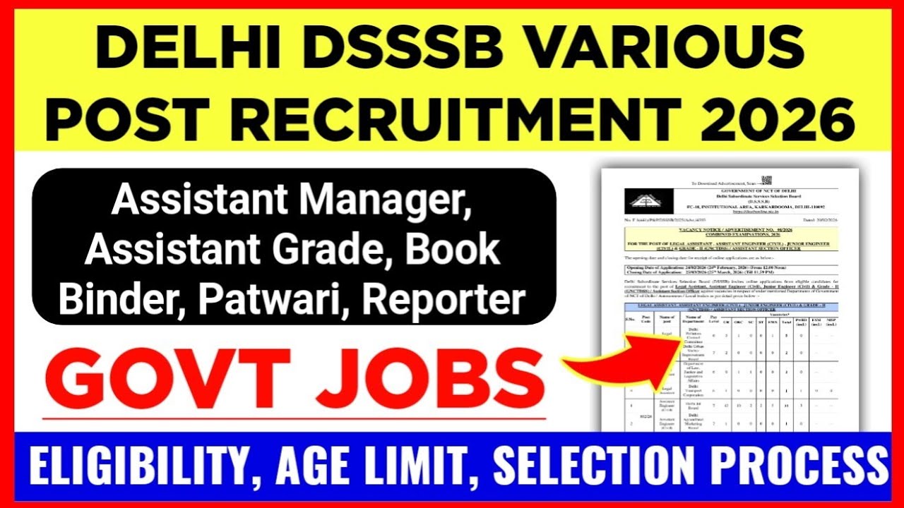 DELHI DSSSB VARIOUS POST RECRUITMENT 2026: ELIGIBILITY, AGE LIMIT | DSSSB VACANCY 2026 | GOVT JOBS