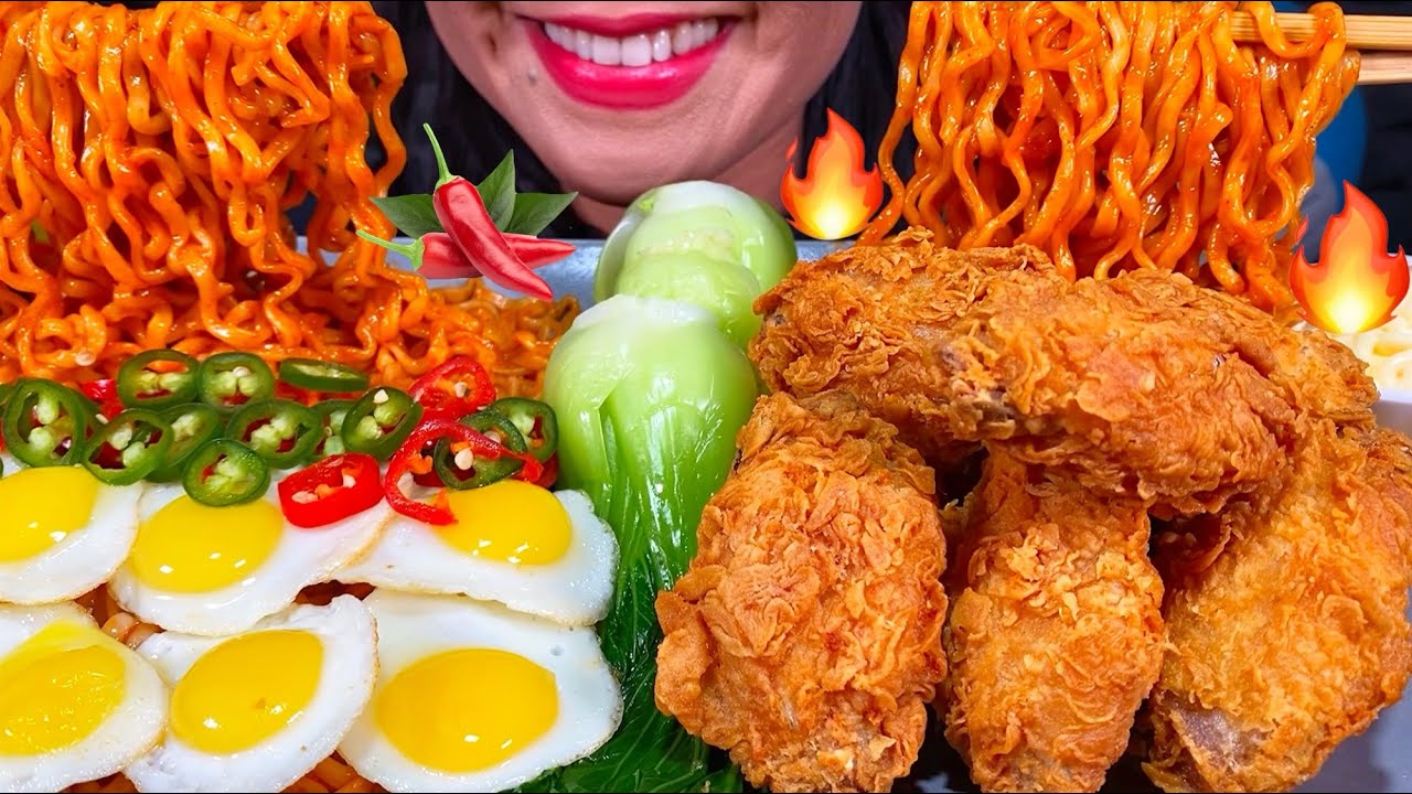 ASMR SPICY NOODLES, FRIED CHICKEN, EGGS, BOK CHOY MUKBANG MASSIVE Eating Sounds