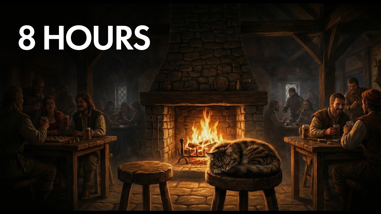 A Warm Night at the Inn | Cozy Fantasy Tavern Ambience For Sleep (Fire, Chat, Distant Music)