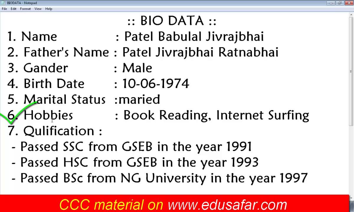 GTU CCC Practical Exam 14 video BIidata in Notepad