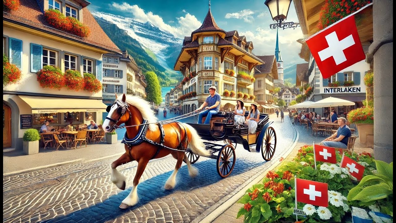 Switzerland 4K --Interlaken's Summer Sharm: Flowers, Carriages and Paragliders with Relaxing Music