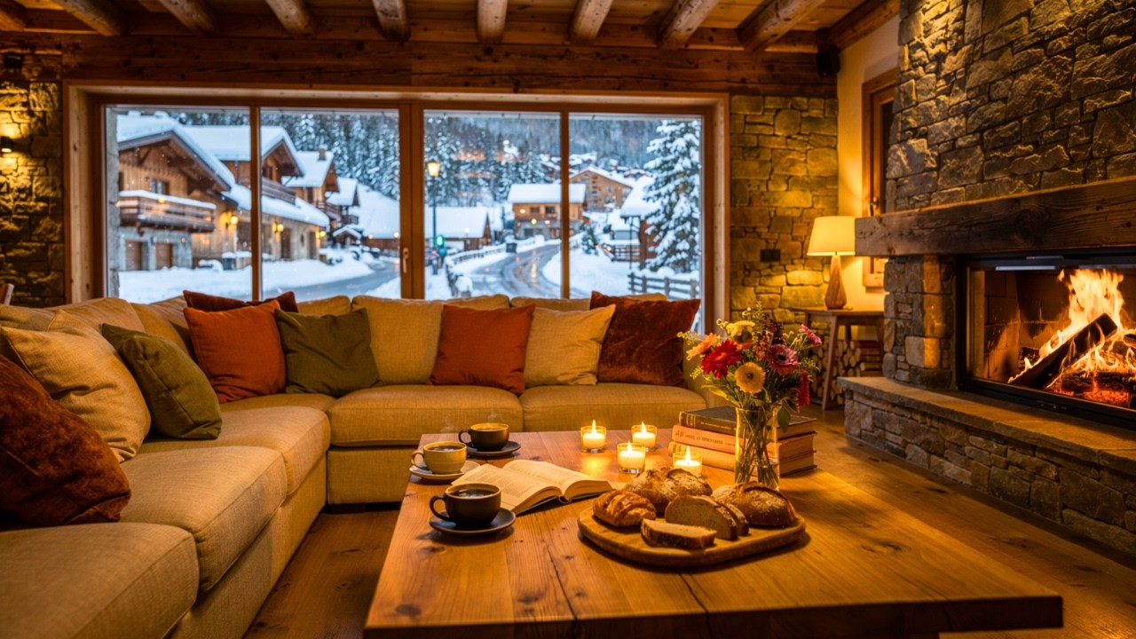 Cozy Winter Cabin Morning ❄️ Fireplace Ambience, Snowy Village View & Relaxing Jazz for Study & Work