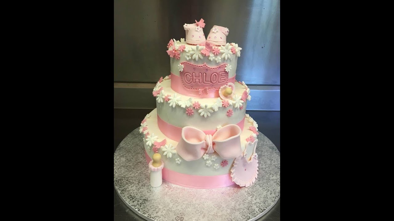 TORTA BATTESIMO IN PASTA DI ZUCCHERO - TRE PIANI PDZ BAMBINA ROSA