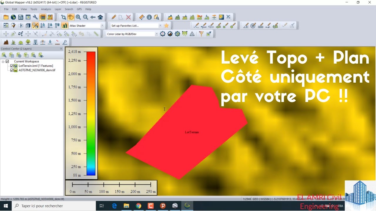 Levé topographique et Plan côté par google earth + Global Mapper + Covadis !! (مسح طوبوغرافي)
