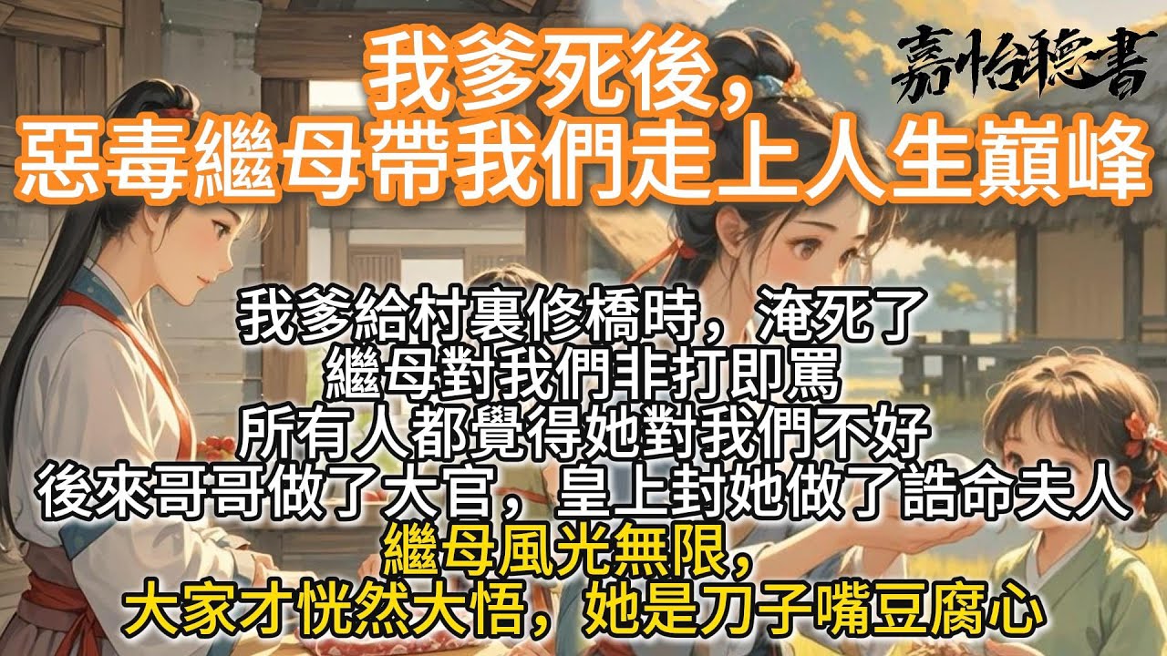 完結溫馨種田文：我爹死後，惡毒繼母帶我們走上人生巔峰。我爹給村裏修橋時，淹死了。繼母對我們非打即罵，所有人都覺得她對我們不好。後來哥哥做大官，皇上封她做了誥命夫人，繼母風光無限，才發現她是刀子嘴豆腐心