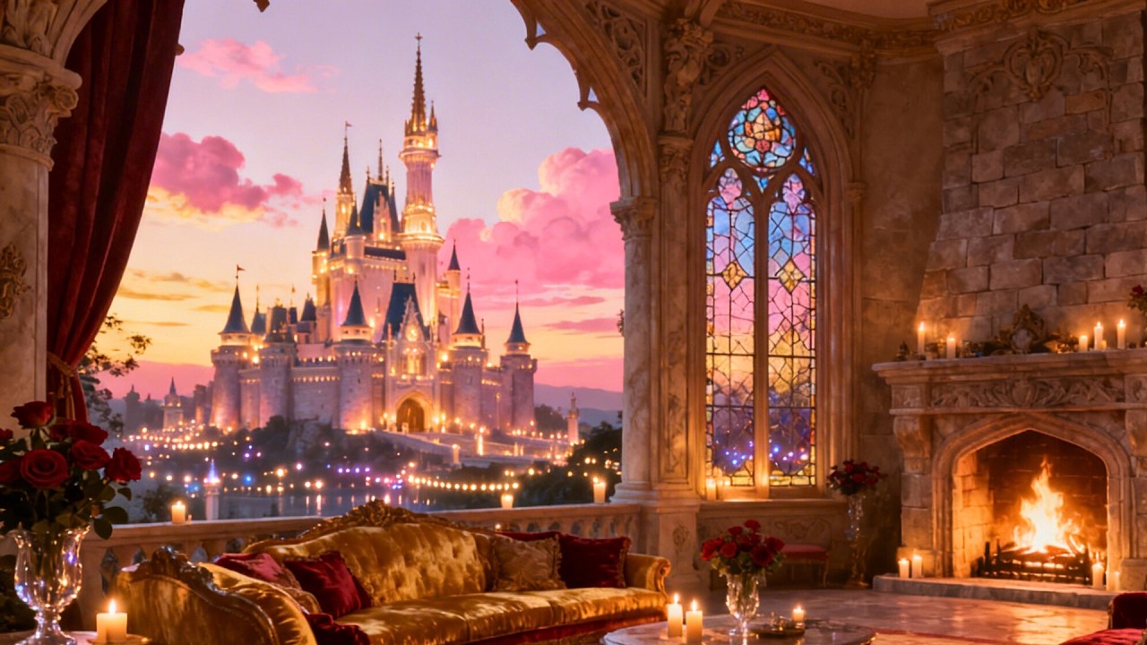 Enchanted Castle Sitting Room at Sunset ✨ Fireplace Ambience & Magical Piano 4 Hours