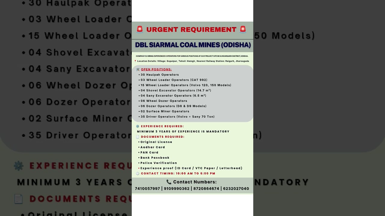 100+ HEMM Operator Jobs | DBL Coal Mines Hiring | Dumper, Dozer, Loader, Excavator Operators!