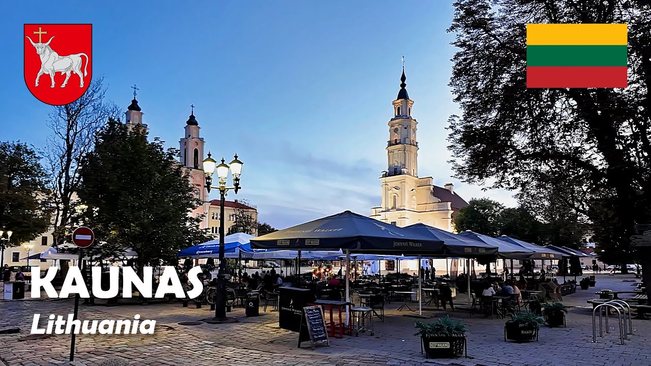 Kaunas, Lithuania. An evening walk in the city center. 4K
