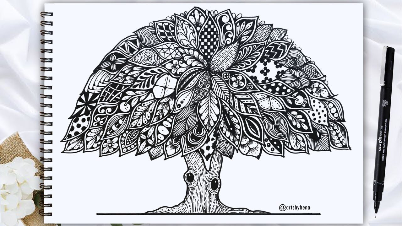 Как легко нарисовать дерево в технике зентангл для начинающих ✨ Doodle Tree