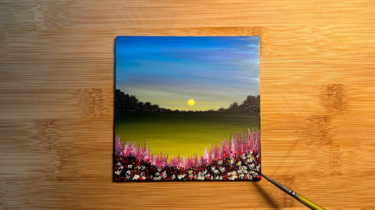 How to paint a SUNSET LANDSCAPE acrylic painting | Beginner Art tutorial | QUICK & EASY!
