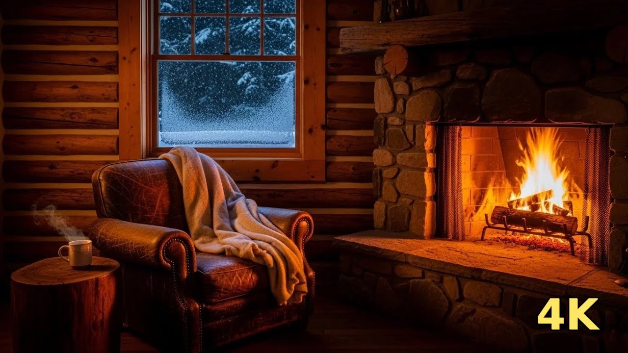 🔥 Cozy Cabin Fireplace with Snow Storm Outside | Crackling Fire Sounds for Sleep | 2 Hours