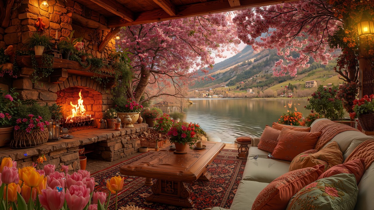Beautiful Spring Morning at a Lakeside Cabin 🌸Gentle Piano, Cozy Fireplace & Birdsong for Relaxation