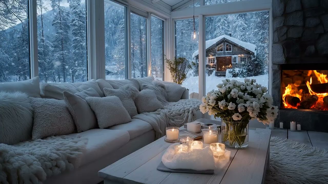 🌸 Romantic Piano Music | Cozy Lounge with Candles & Snow | 5 Hours Relax Study Meditation Calm Sleep