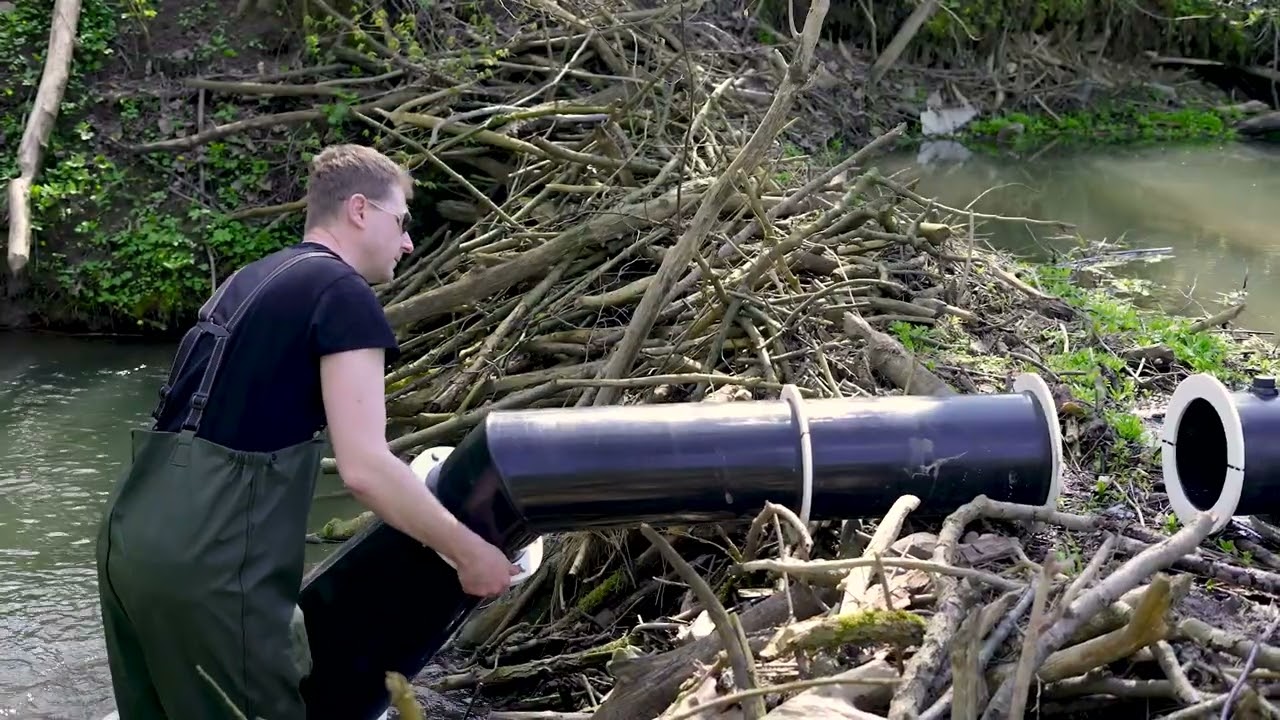 Installation of portable hydro power plant in abandoned beavers dam. Kaplan water turbine.