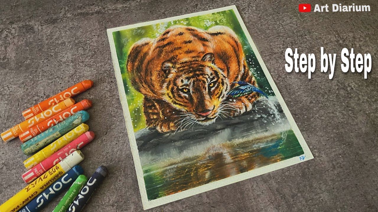Tiger Drawing with Oil Pastel - Step by Step