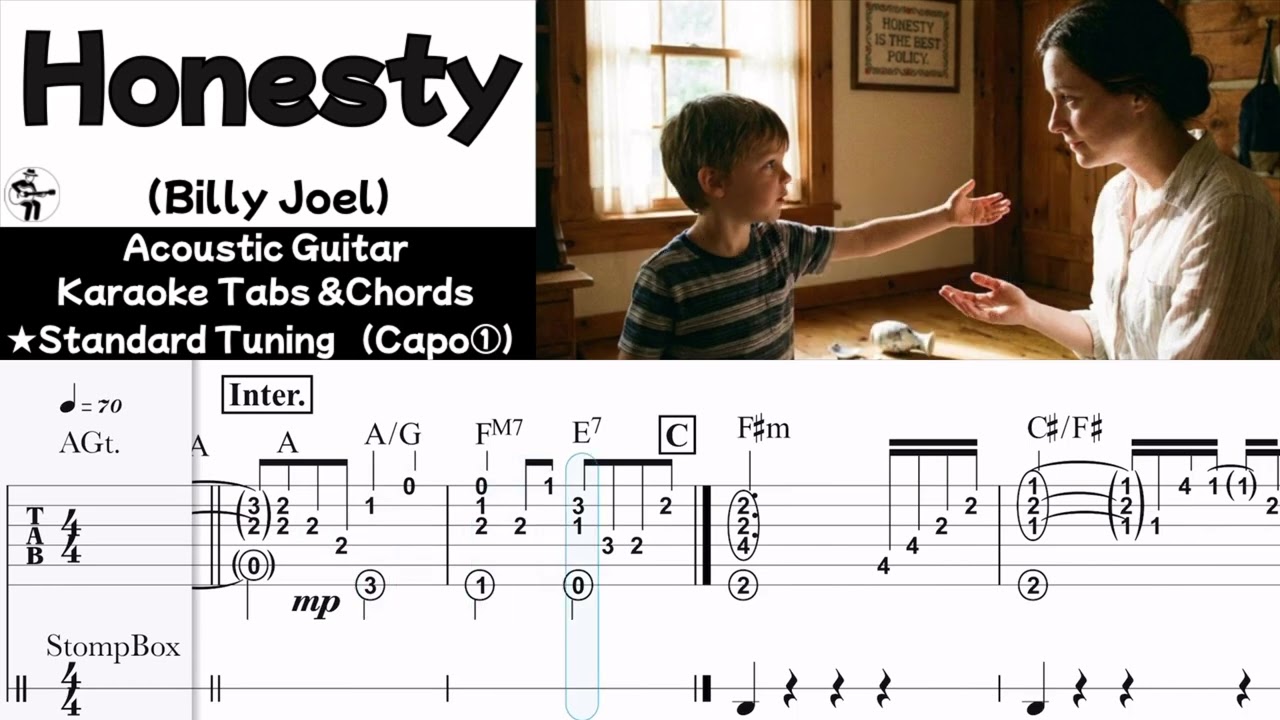 【Honesty/Billy Joel】Acoustic guitar cover with TABs & Chords（イントロ・伴奏TAB ・弾き語りコード譜）