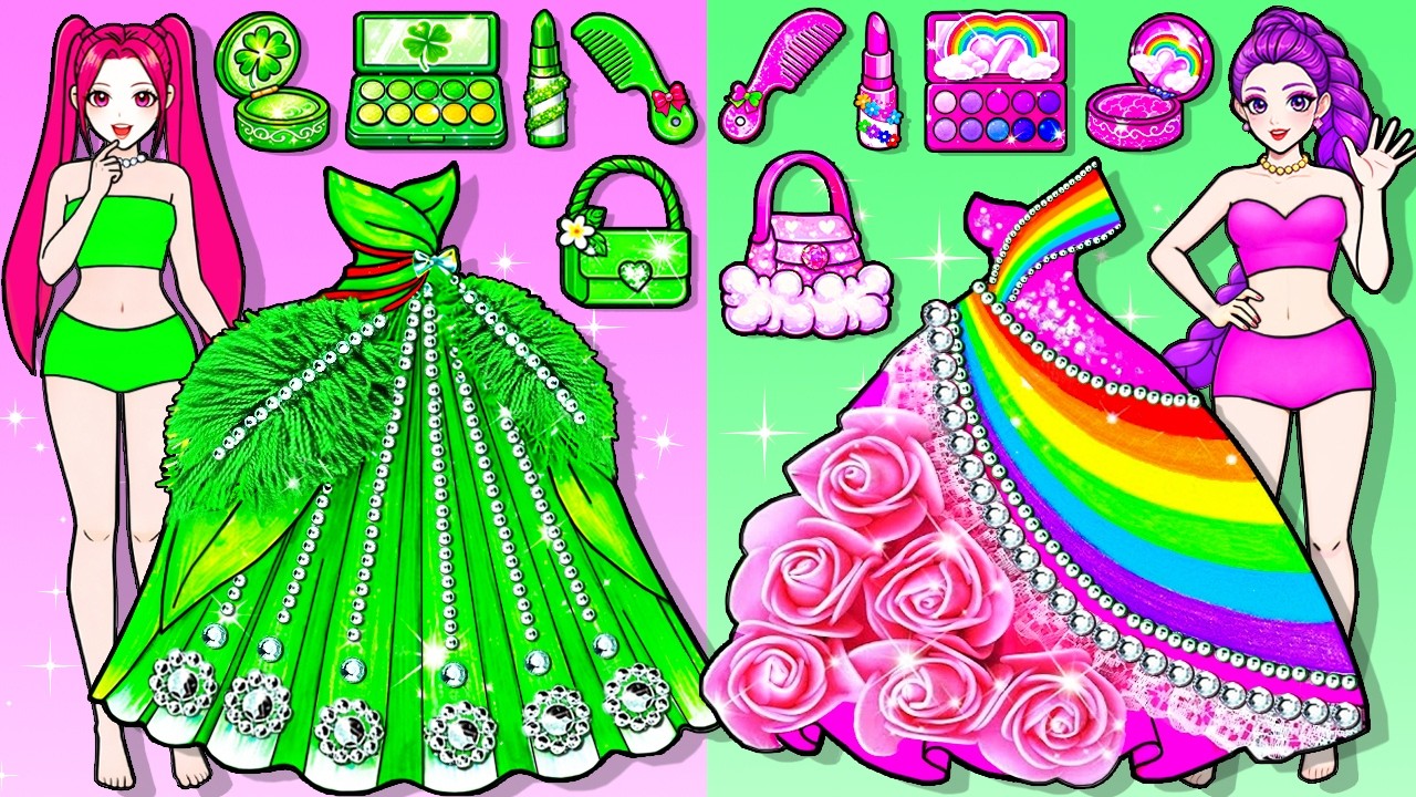 Rainbow VS Green 💗💚 Huntrix RUMI MIRA Makeup And Dress Up Fashion Playset Handmade | DIY Paper Dolls