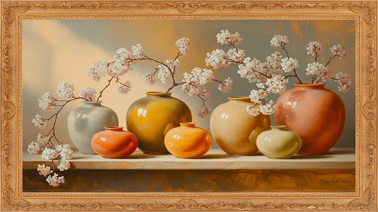 Elegant Blossom Still Life with Ceramic Vases | Framed Wall Art | 4K TV Wallpaper 🌿✨