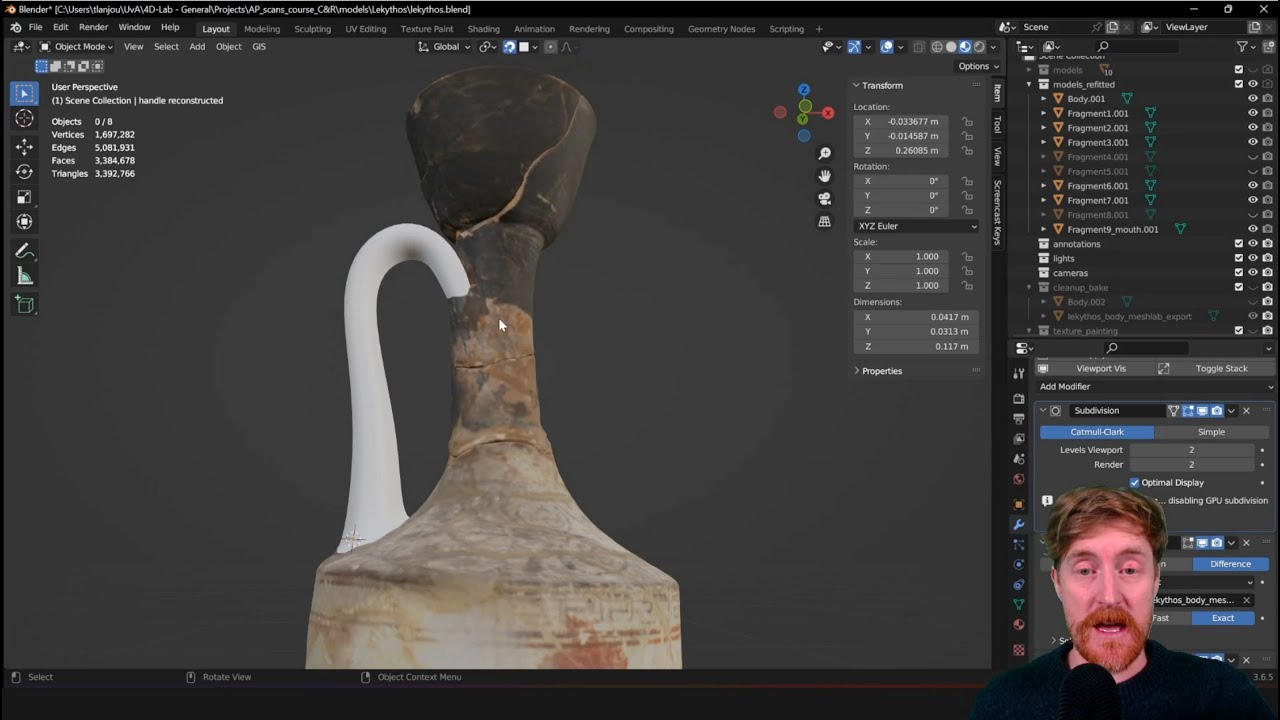 Creating a digital prosthesis for a damaged artefact in Blender
