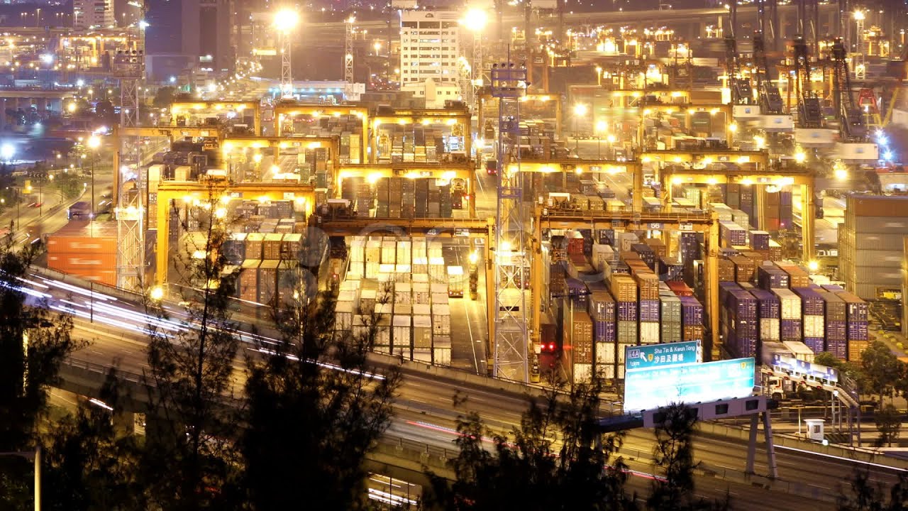 Hong Kong Cargo Container Loading Activity. Timelapse At Night.. Stock Footage