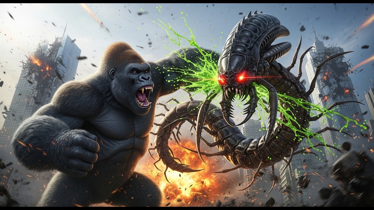 KING KONG vs GIANT ALIEN CENTIPEDE 🦍🔥 | Epic Monster Battle Destroys the City! KingKong Animals