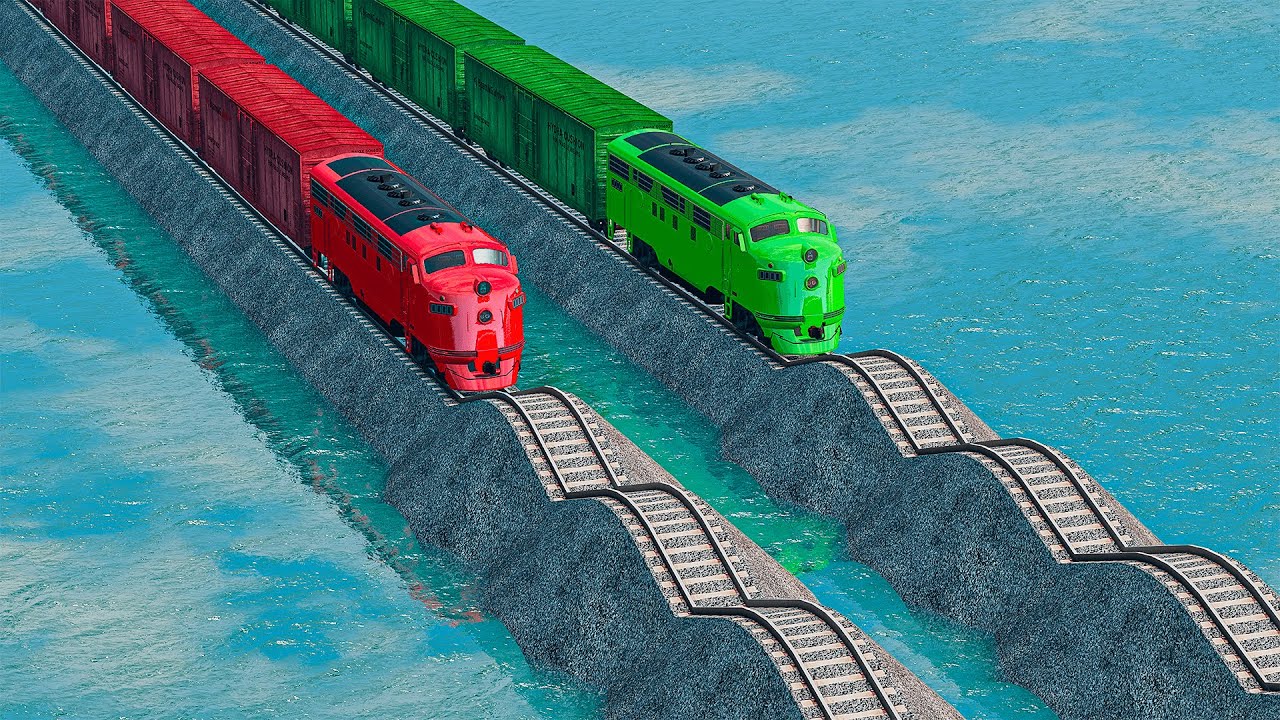 Double Colorful Trains Vs Double Wavy Impossible Weird Rail Tracks Crossing Deepwater | BeamNG.drive