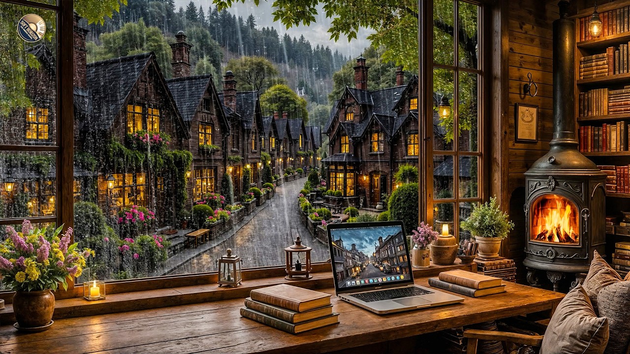 Cozy Spring Rain Coffee Shop ☕ Soft Jazz Piano & Fireplace Sounds for Work & Relax
