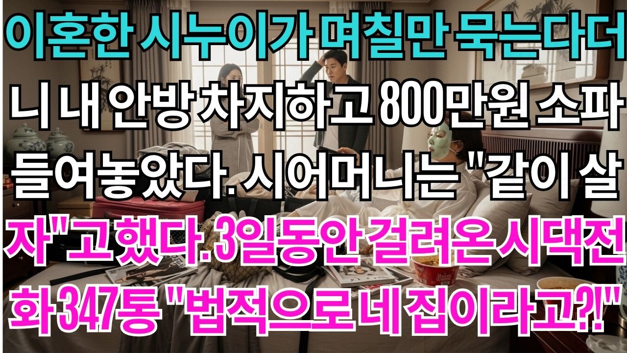 이혼한 시누이가 며칠만 묵는다더니 내 안방을 차지하고 800만원 소파를 들여놓았다. 시어머니는 