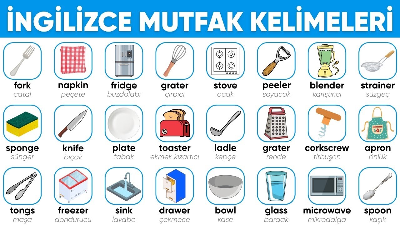 İngilizce Mutfak Kelimeleri | En Çok Kullanılan 50+ Mutfak Eşyası | Resimli İngilizce Kelimeler