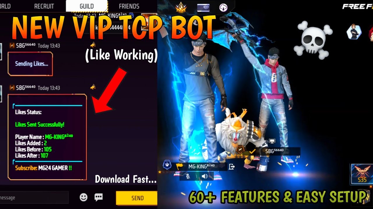 NEW VIP TCP BOT WITH LIKE || OB52 NEW LIKE, INFO, EMOTE TCP BOT || 60+ FEATURES || MG24 GAMER 