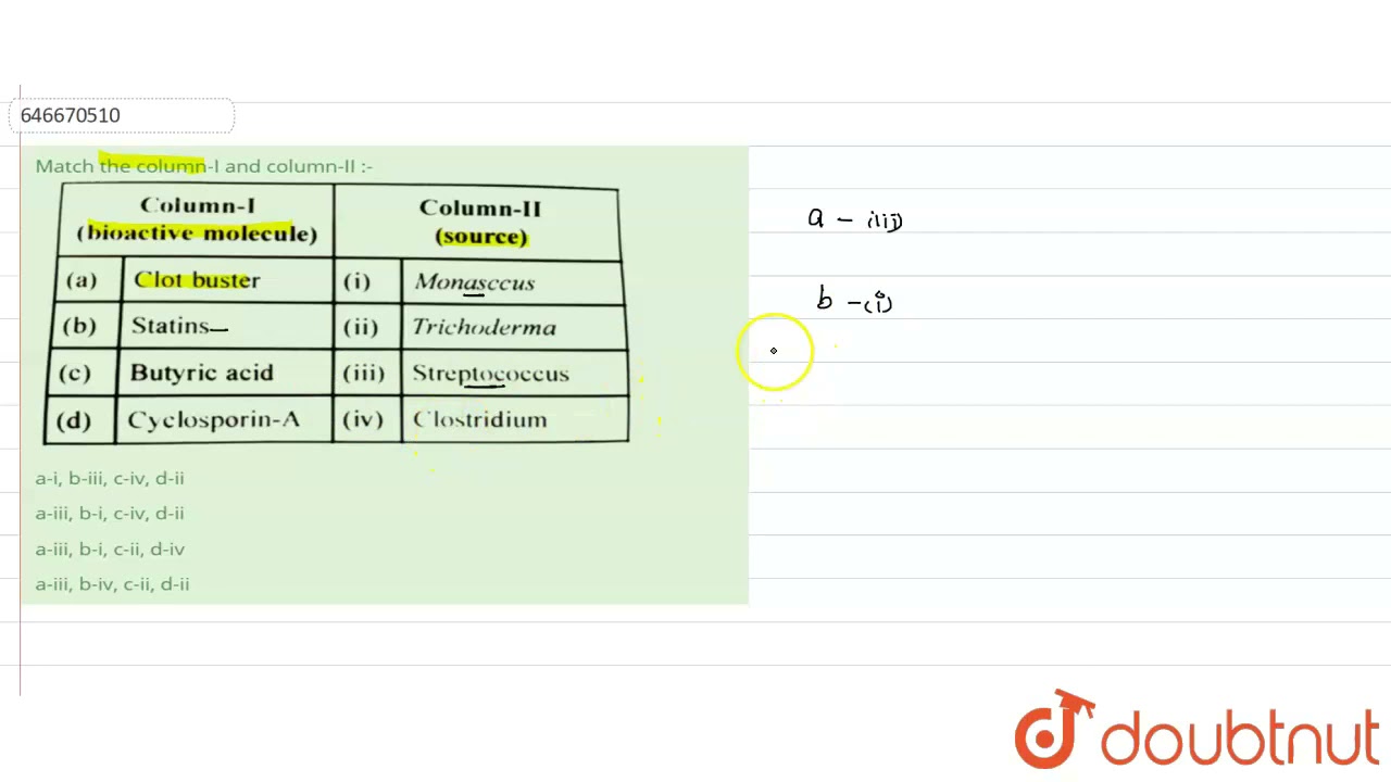 Match the column-I and column-II :-  | 12 | BIOLOGY AT A GLANCE | BIOLOGY | ALLEN | Doubtnut