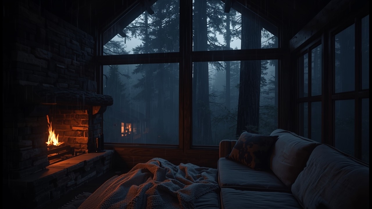 Cozy Cabin Fireplace 🔥 | Deep Sleep & Relaxing Rain Sounds