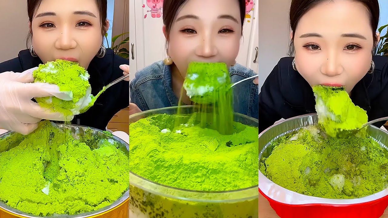 MATCHA ICE EATING💚|| ASMR SHAVED ICE EATING WITH HEAVY MATCHA POWDER