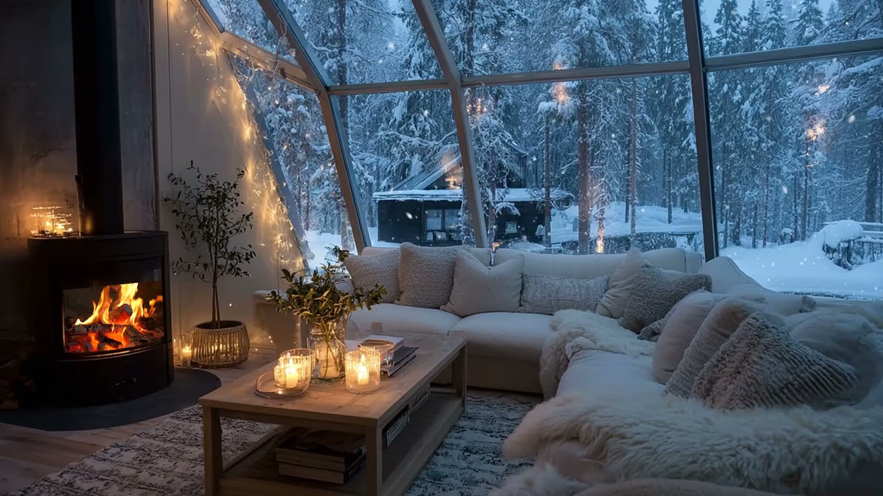 Romantic Piano Ambience 🌸 Cozy Lounge with Candles & Snowfall | 3 Hours Calm, Focus, Deep Sleep