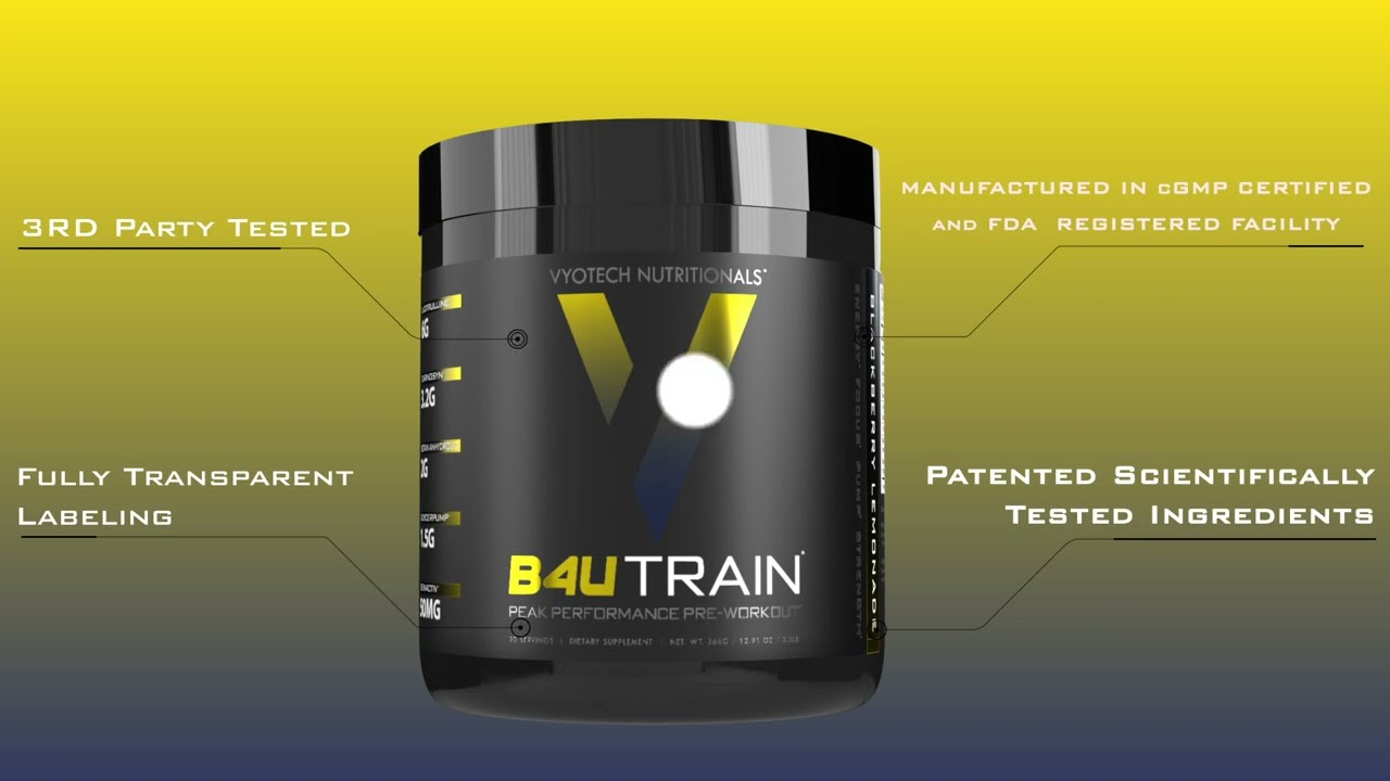 Pre-Workout Supplements Vyotech B4UTRAIN Third-Party Tested Clinically Dosed Transparent