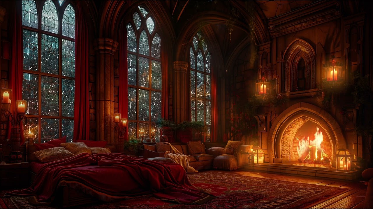 Cozy Castle Ambience for Sleeping with Rain, Thunder and Fireplace Sounds